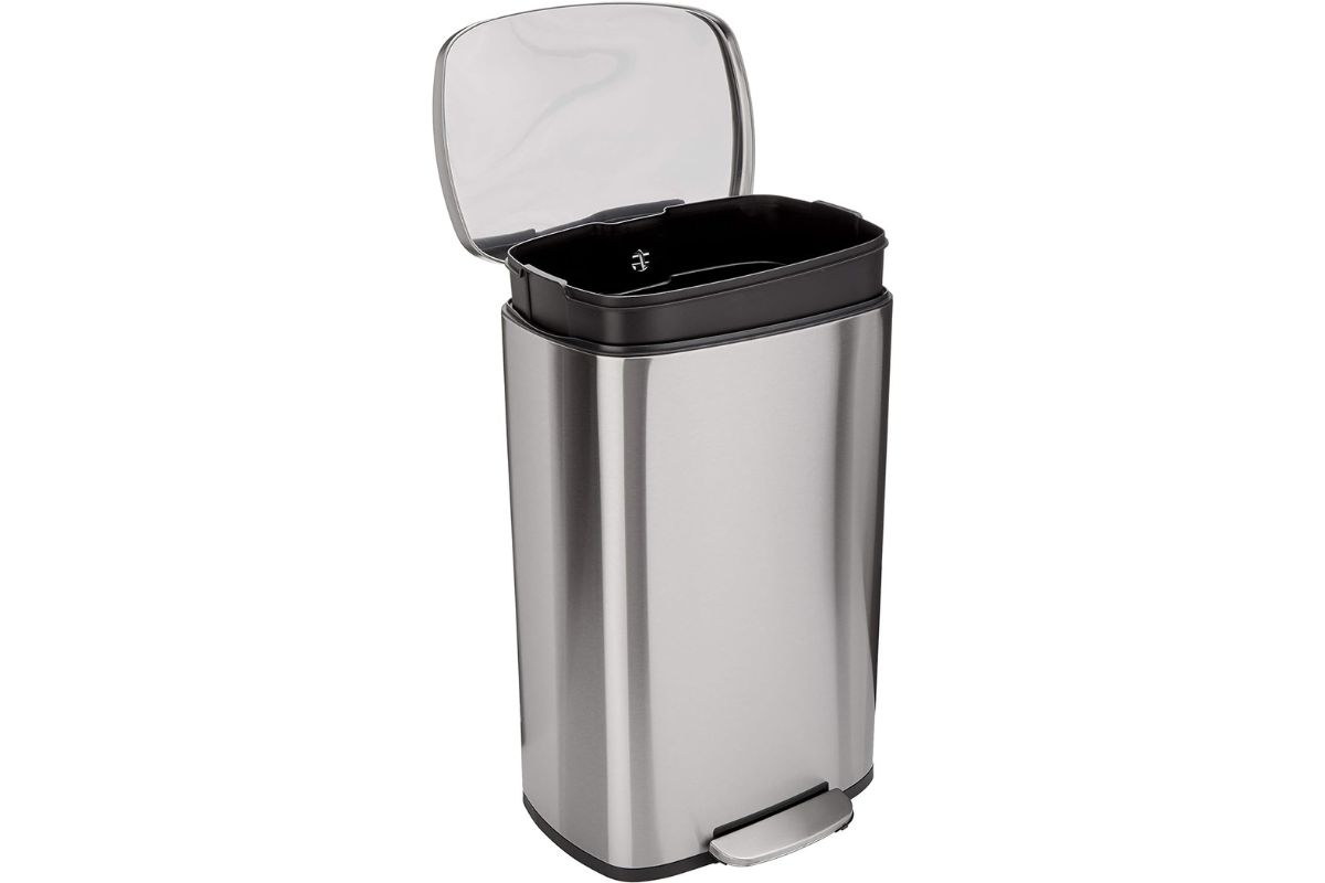 Amazon-Basics-Smudge-Resistant-Rectangular-Trash-Can-With-Soft-Close-Foot-Pedal-Brushed-Stainless-Steel