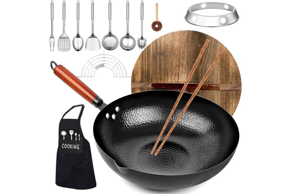 Kaqinu-Carbon-Steel-Wok-Pan-14-Piece-Woks-&-Stir-Fry-Pans-Set-with-Wooden-Lid